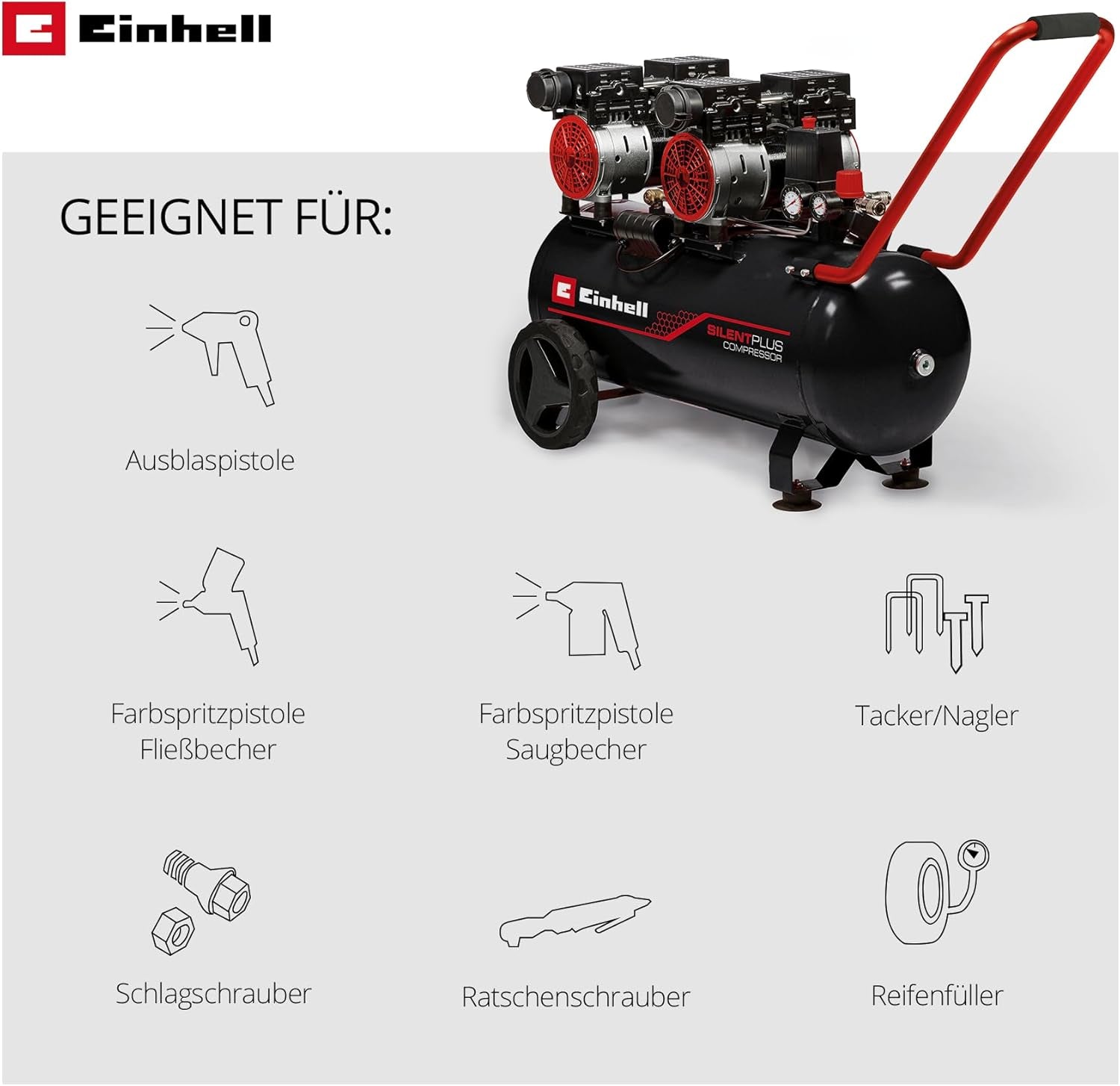 Einhell Kompressor TE-AC 270/50 Silent plus | 1500 W | 8 Bar | 50-L-Tank | 270 L/Min Ansaugleistung | Motordrehzahl 1450 U/Min | Druckminderer | Manometer | Ölfrei
