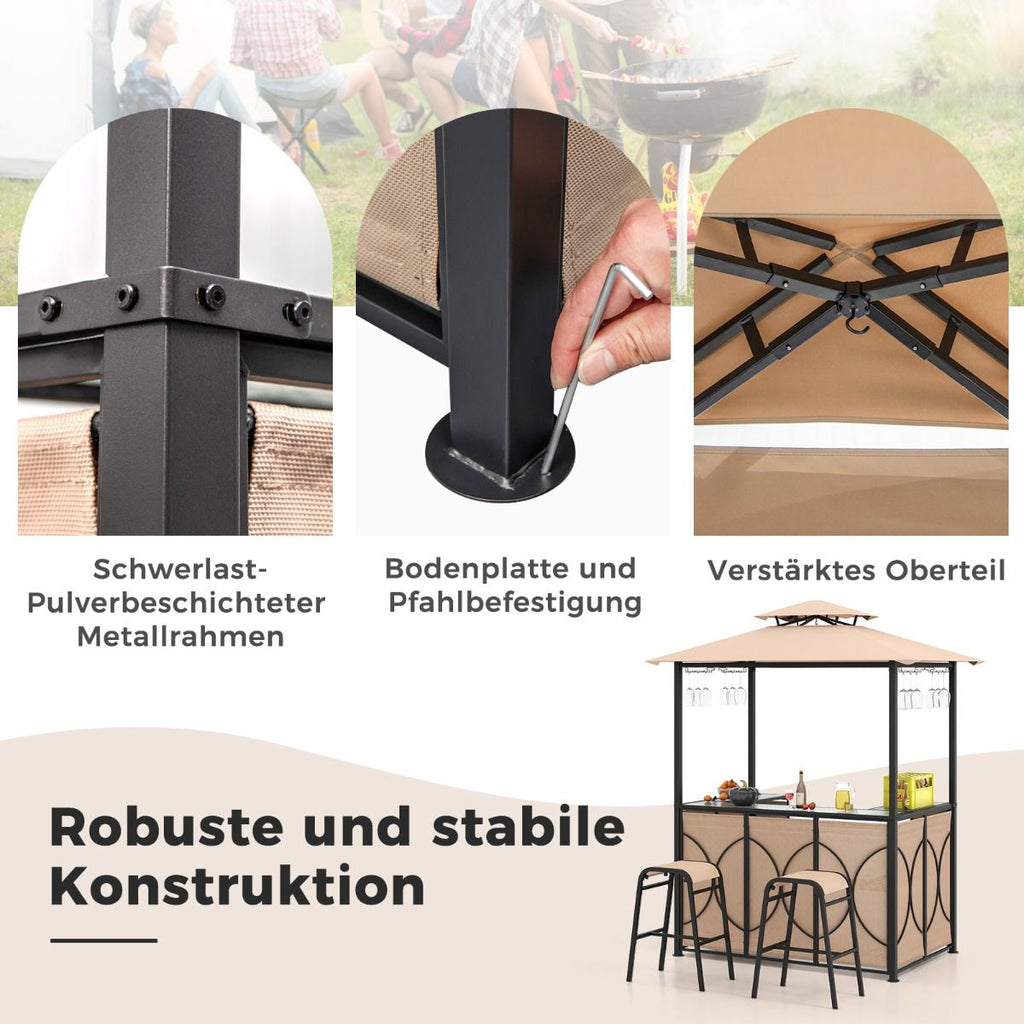 Bartisch Mit 2 Barhocker Gartenbar Set Mit Metallregalen & Glashalter Grillpavillon Mit Doppeldach