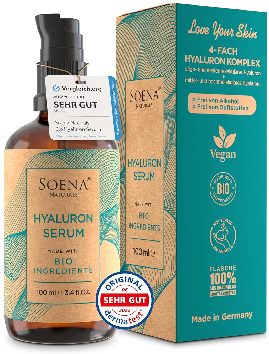 Bio Hyaluron Serum Hochdosiert - Beste Hyaluronsäure (Oligo) - 8-Fach Anti-Falten-Komplex- Mit 4 Hyalurongrößen - Frei Von Alkohol & Parfüm 100Ml - Hyaluronsäure Serum