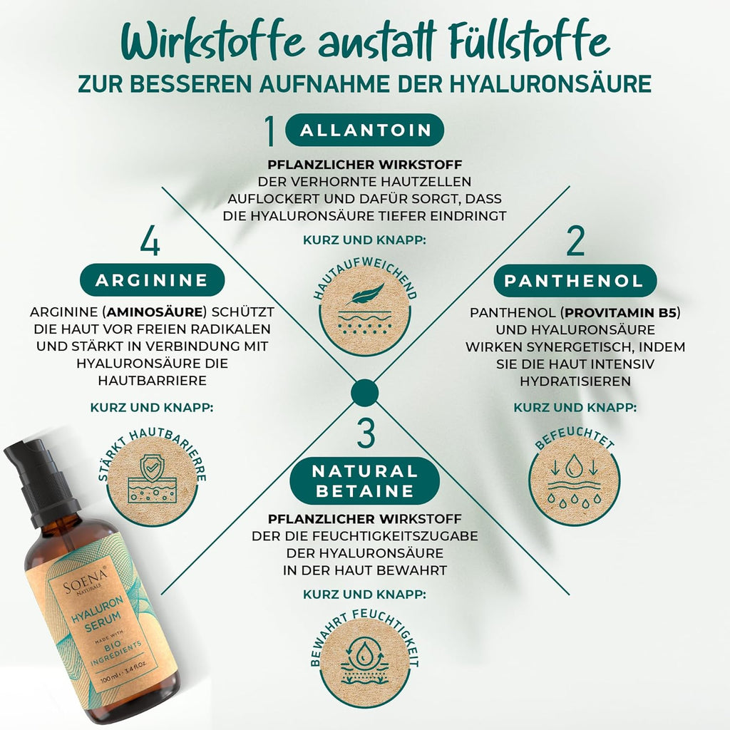 Bio Hyaluron Serum Hochdosiert - Beste Hyaluronsäure (Oligo) - 8-Fach Anti-Falten-Komplex- Mit 4 Hyalurongrößen - Frei Von Alkohol & Parfüm 100Ml - Hyaluronsäure Serum