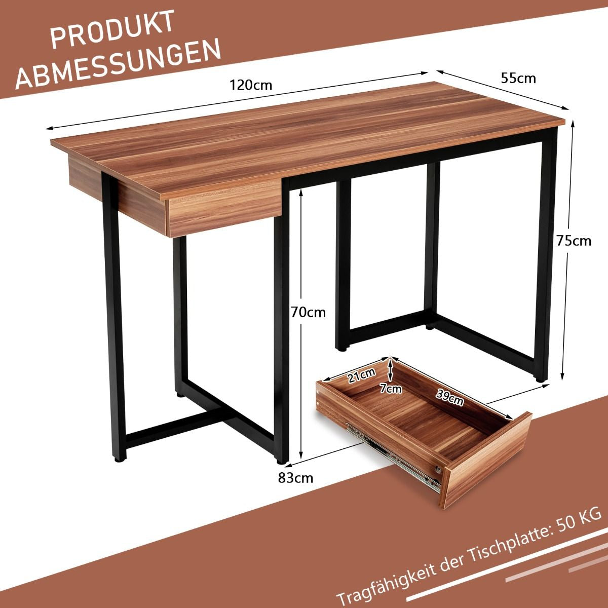 120 X 55 Cm Computertisch Mit Schublade & Verstellbaren Pads Computertisch Walnuss