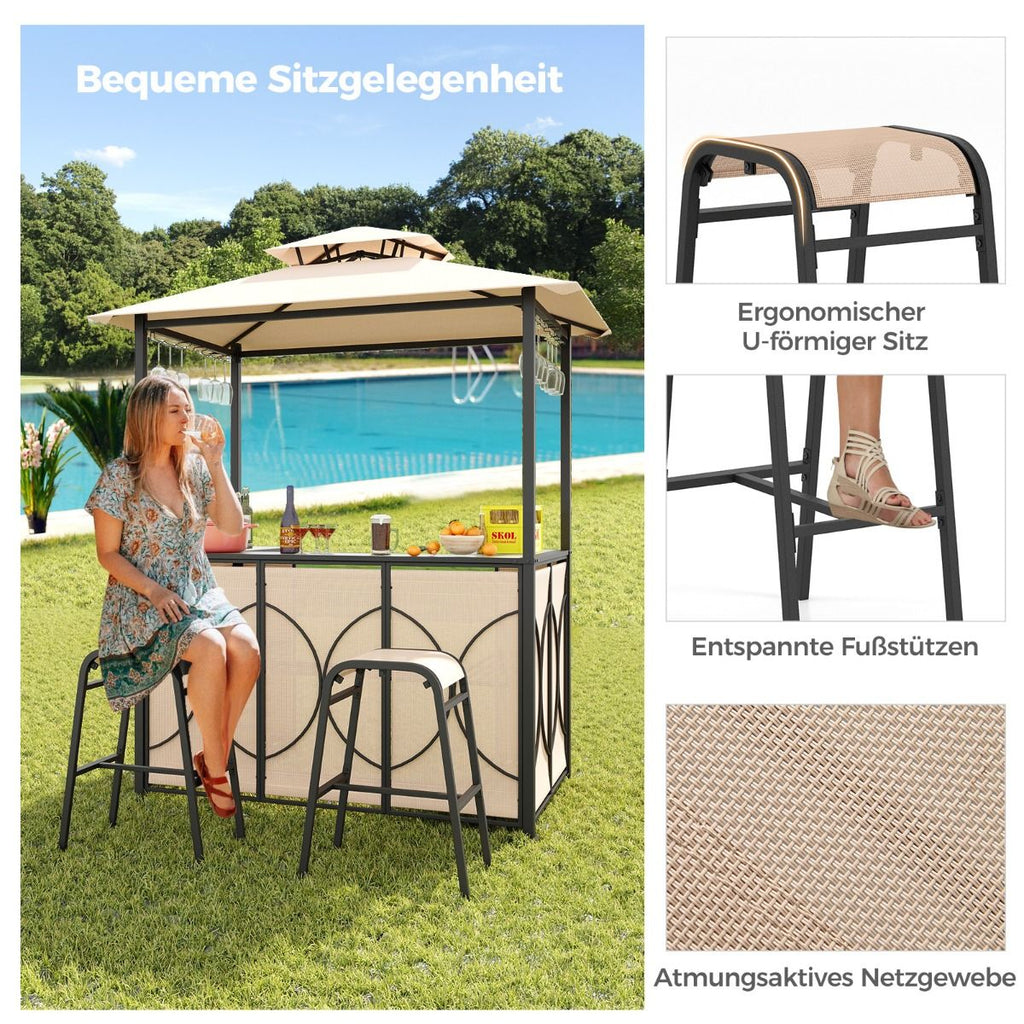 Bartisch Mit 2 Barhocker Gartenbar Set Mit Metallregalen & Glashalter Grillpavillon Mit Doppeldach