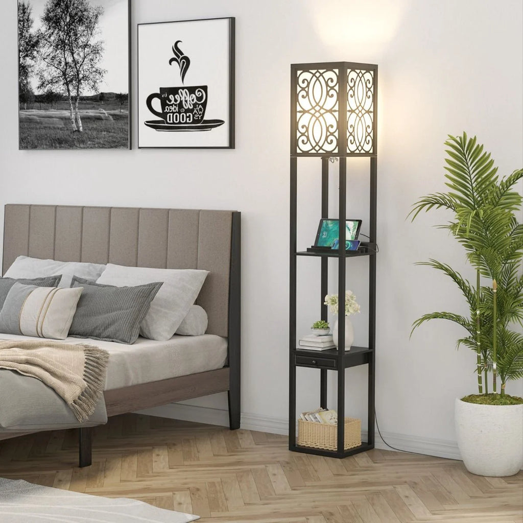 Stehlampe Mit Regalen Und Schublade Für Wohnzimmer Schlafzimmer 26 X 26 X 160,5 Cm Schwarz