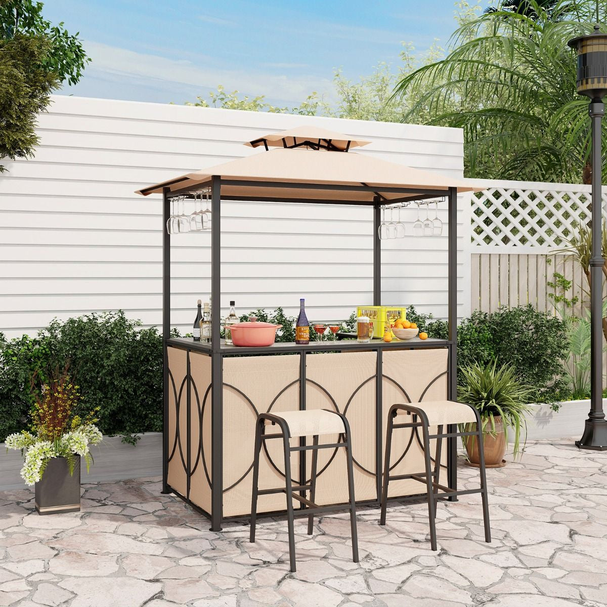 Bartisch Mit 2 Barhocker Gartenbar Set Mit Metallregalen & Glashalter Grillpavillon Mit Doppeldach