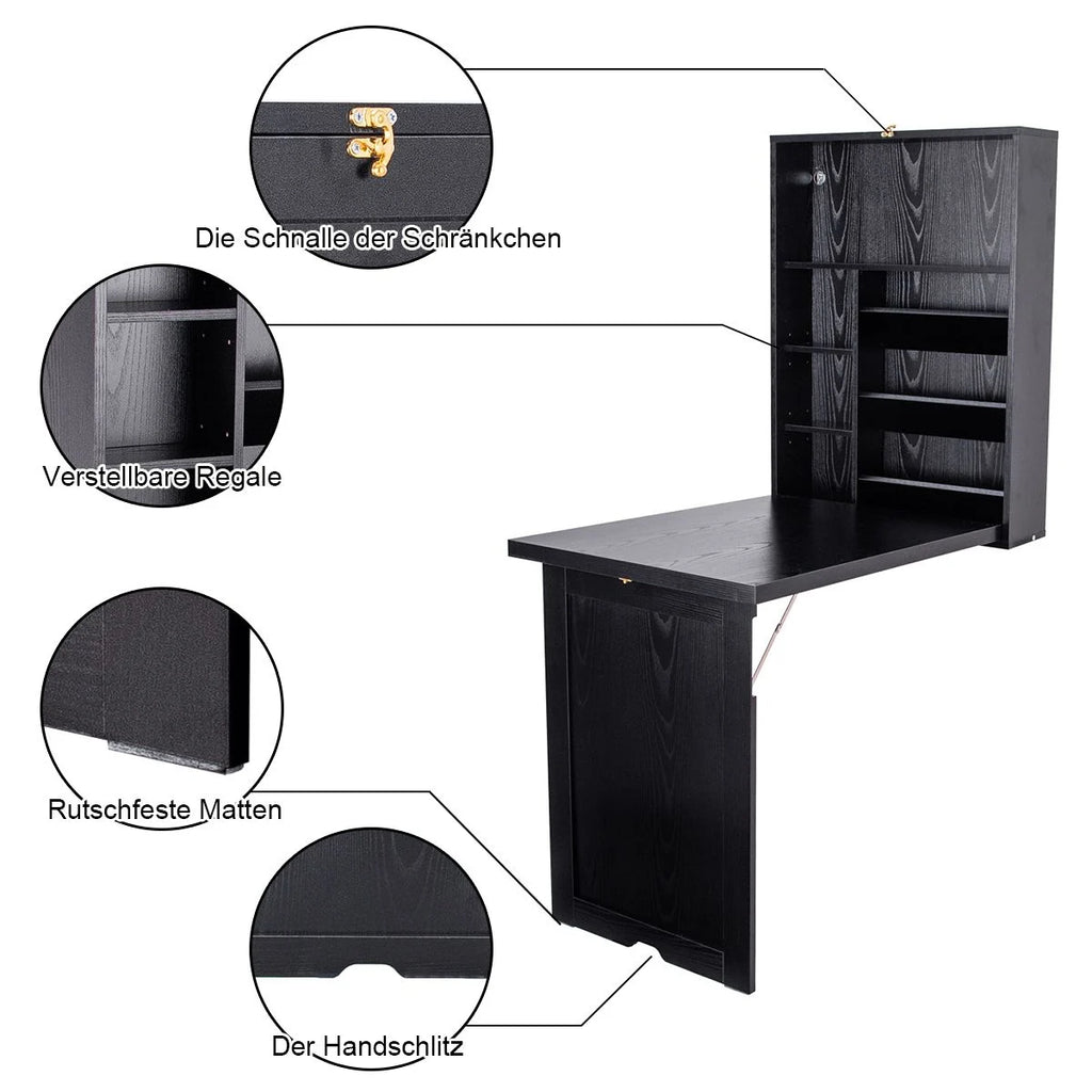 Wandklapptisch Computertisch Klappbarer Wandtisch Aus Holz 56,5 X 94,5 X 151 Cm Weiß/Schwarz