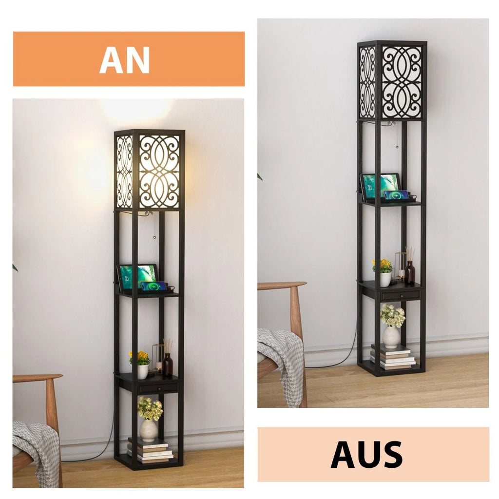 Stehlampe Mit Regalen Und Schublade Für Wohnzimmer Schlafzimmer 26 X 26 X 160,5 Cm Schwarz