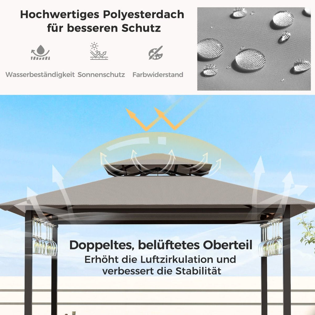 Bartisch Mit 2 Barhocker Gartenbar Set Mit Metallregalen & Glashalter Grillpavillon Mit Doppeldach
