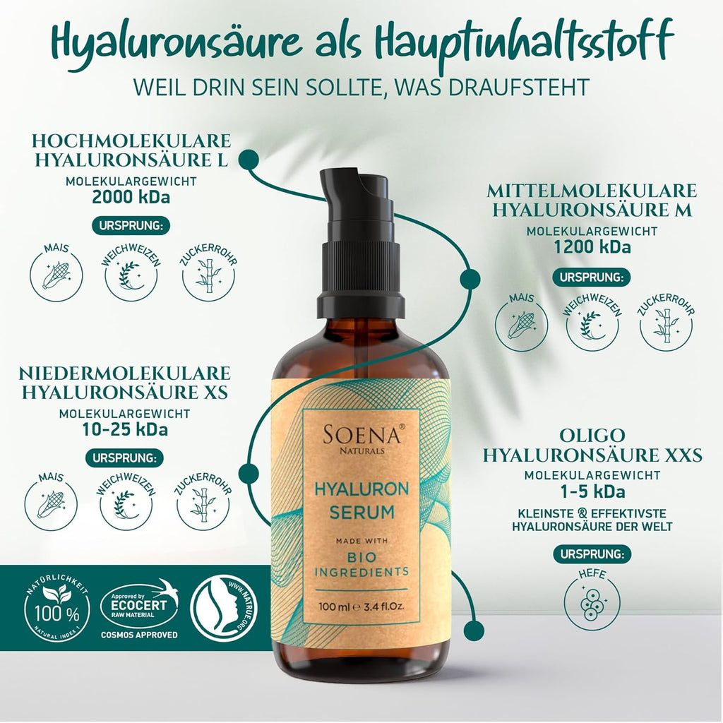 Bio Hyaluron Serum Hochdosiert - Beste Hyaluronsäure (Oligo) - 8-Fach Anti-Falten-Komplex- Mit 4 Hyalurongrößen - Frei Von Alkohol & Parfüm 100Ml - Hyaluronsäure Serum