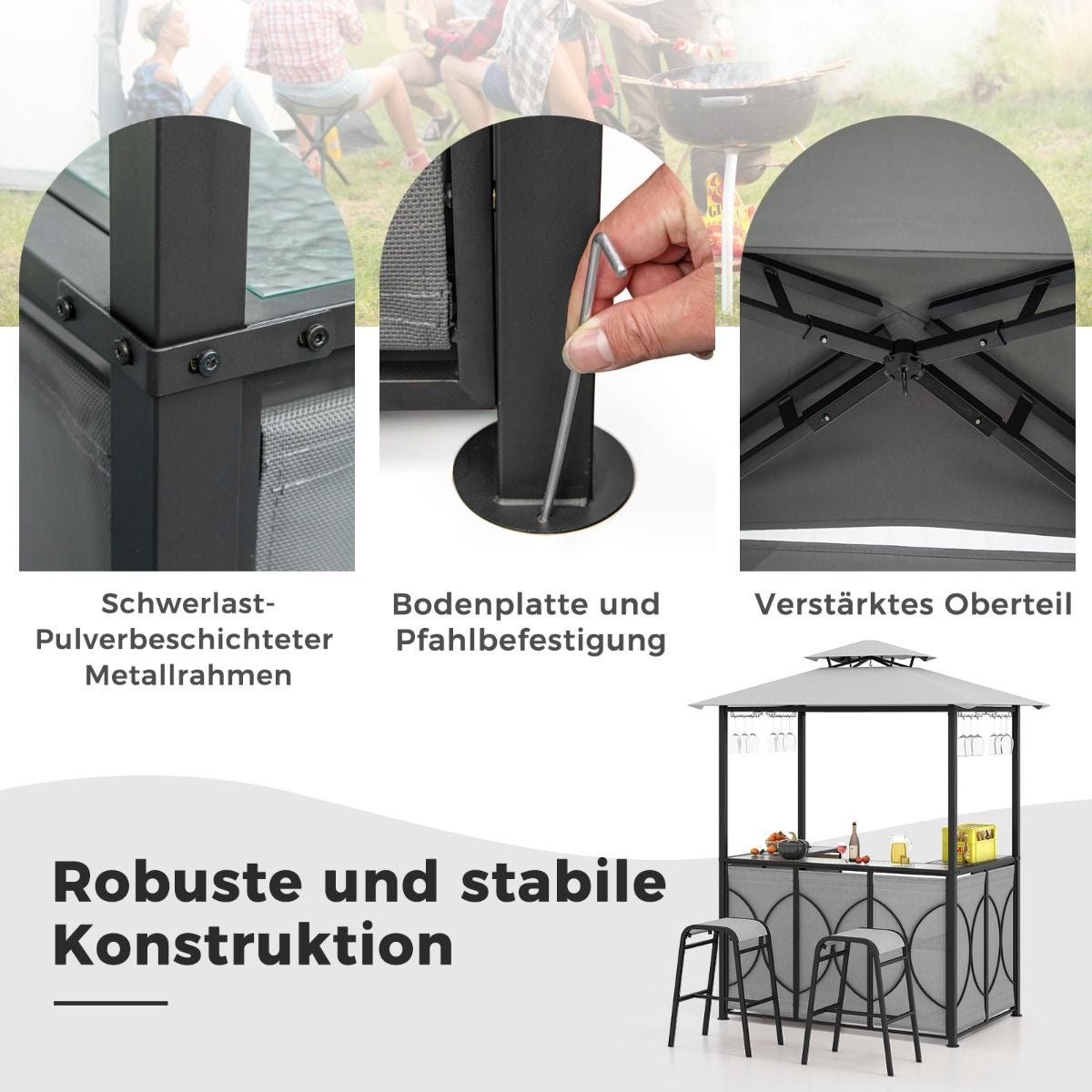Bartisch Mit 2 Barhocker Gartenbar Set Mit Metallregalen & Glashalter Grillpavillon Mit Doppeldach