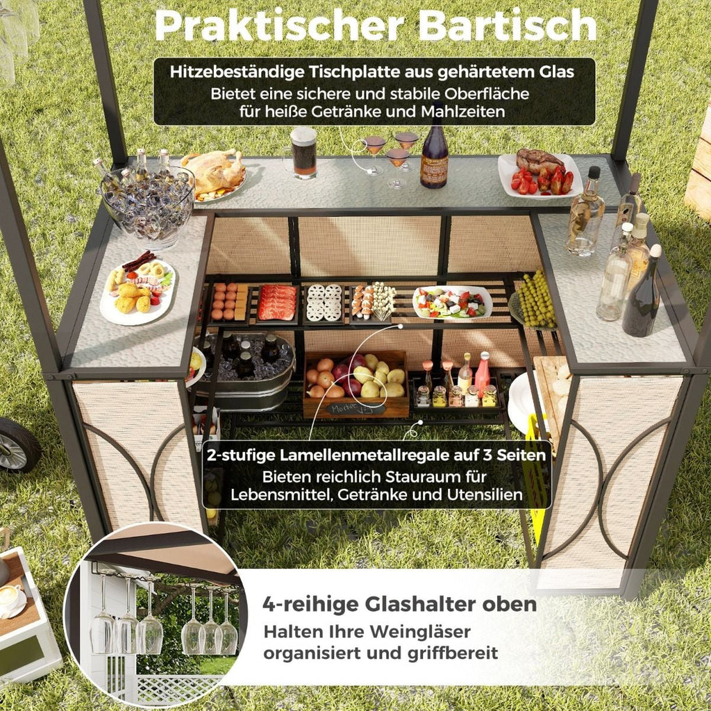 Bartisch Mit 2 Barhocker Gartenbar Set Mit Metallregalen & Glashalter Grillpavillon Mit Doppeldach