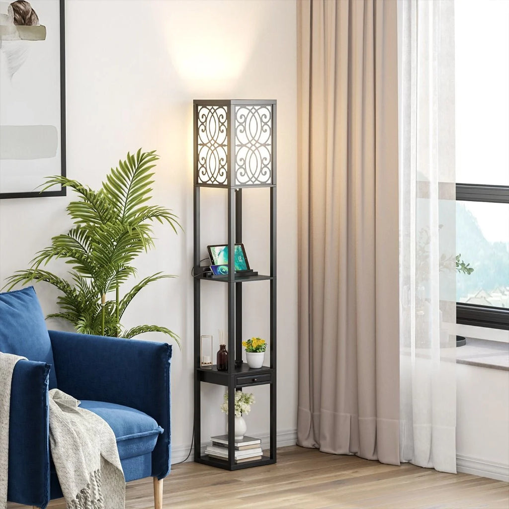 Stehlampe Mit Regalen Und Schublade Für Wohnzimmer Schlafzimmer 26 X 26 X 160,5 Cm Schwarz