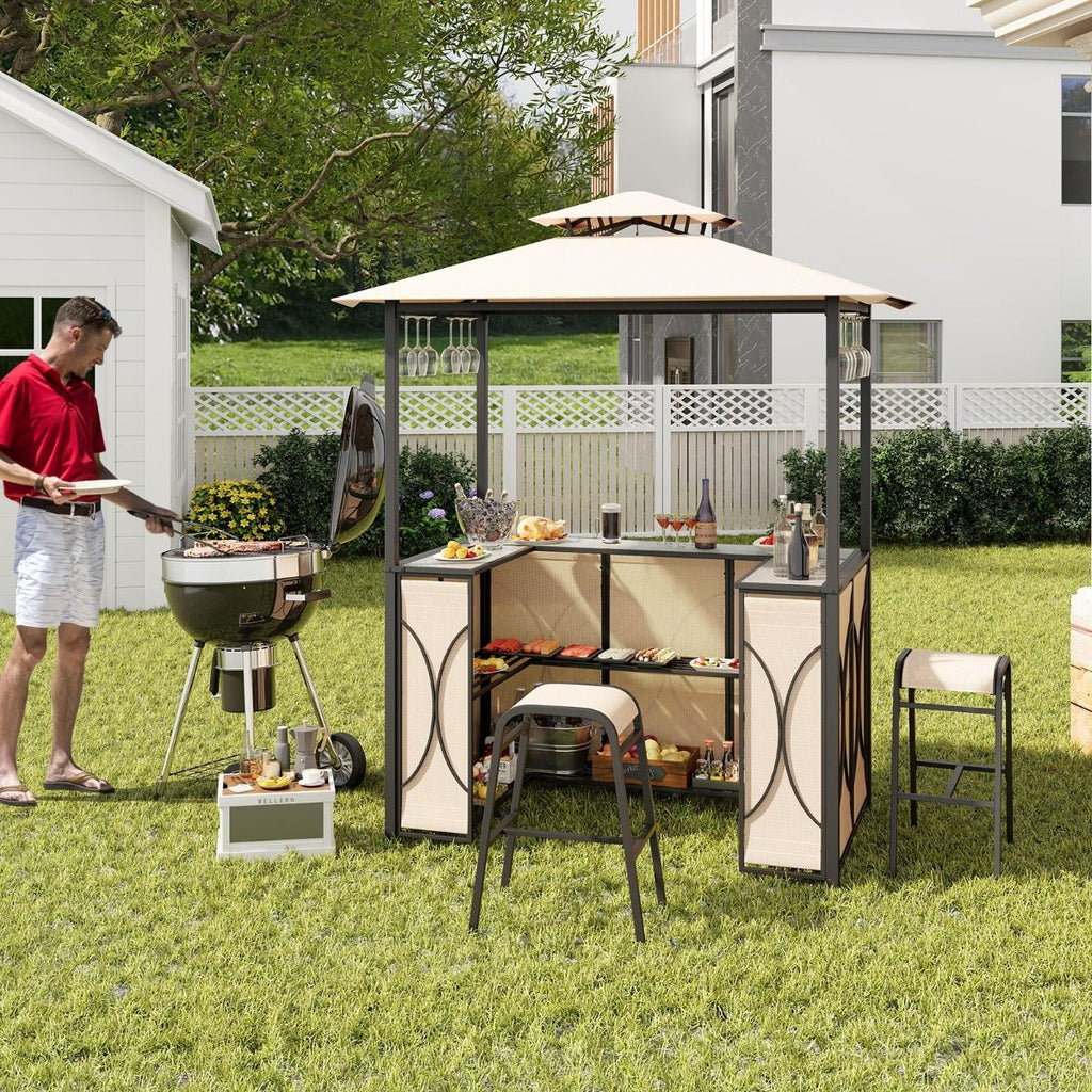Bartisch Mit 2 Barhocker Gartenbar Set Mit Metallregalen & Glashalter Grillpavillon Mit Doppeldach