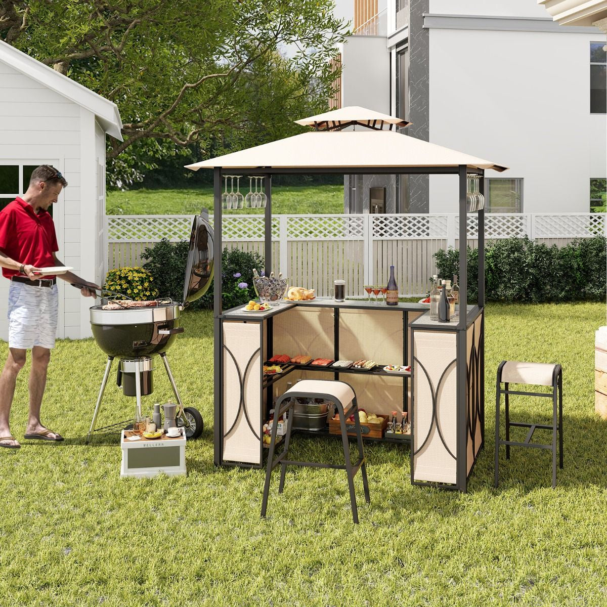 Bartisch Mit 2 Barhocker Gartenbar Set Mit Metallregalen & Glashalter Grillpavillon Mit Doppeldach