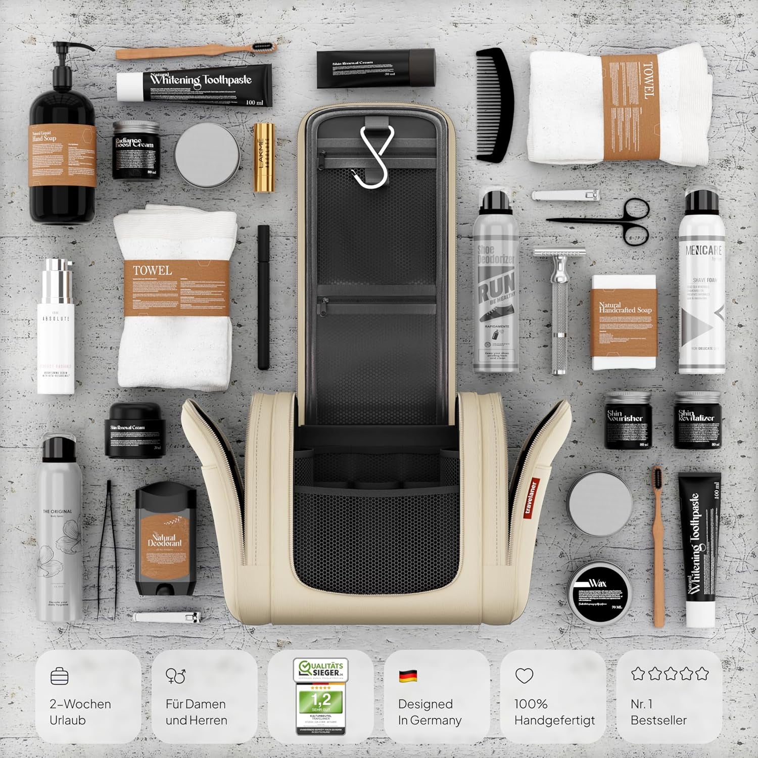 Kulturbeutel Zum Aufhängen, Damen/Herren, 7L, Crème-Beige | Große Kulturtasche Mit Haken: Kosmetiktasche, Waschtasche & Waschbeutel Für Reisen, Kinder & Erwachsene, Wasserabweisend