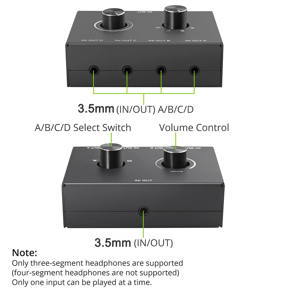 4 Way 3.5Mm Jack Audio Switcher Stereo Bi-Directional Audio Switch Splitter Box 4 in 1 Out / 4 in 1 Out with Mute Button