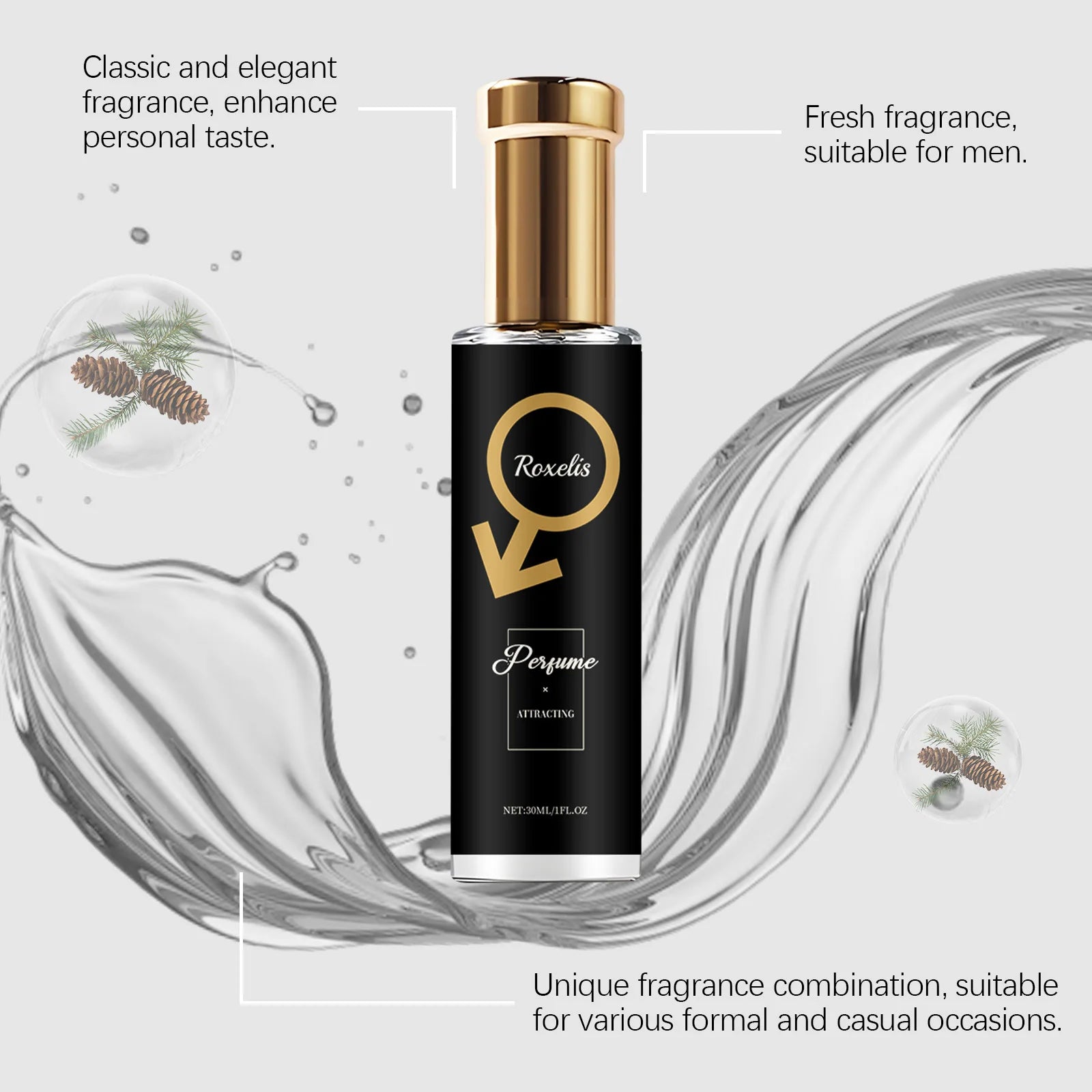 Roxelis 30 ml Herren-Pheromon-Parfüm, Zedernduft, Glamour, Herren, anhaltend, Dating, romantischer Duft, frisches Körper-Flirt-Parfüm
