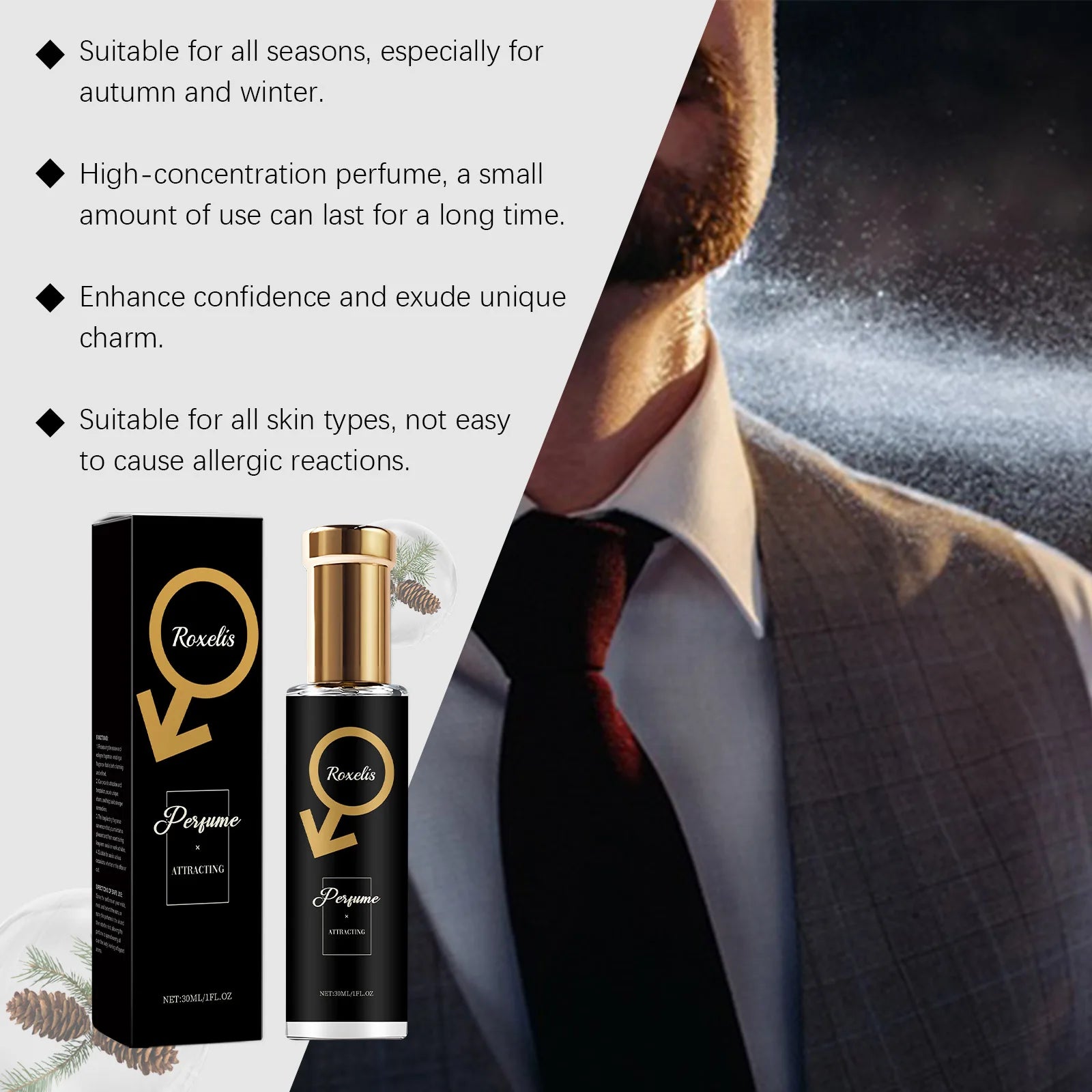 Roxelis 30 ml Herren-Pheromon-Parfüm, Zedernduft, Glamour, Herren, anhaltend, Dating, romantischer Duft, frisches Körper-Flirt-Parfüm