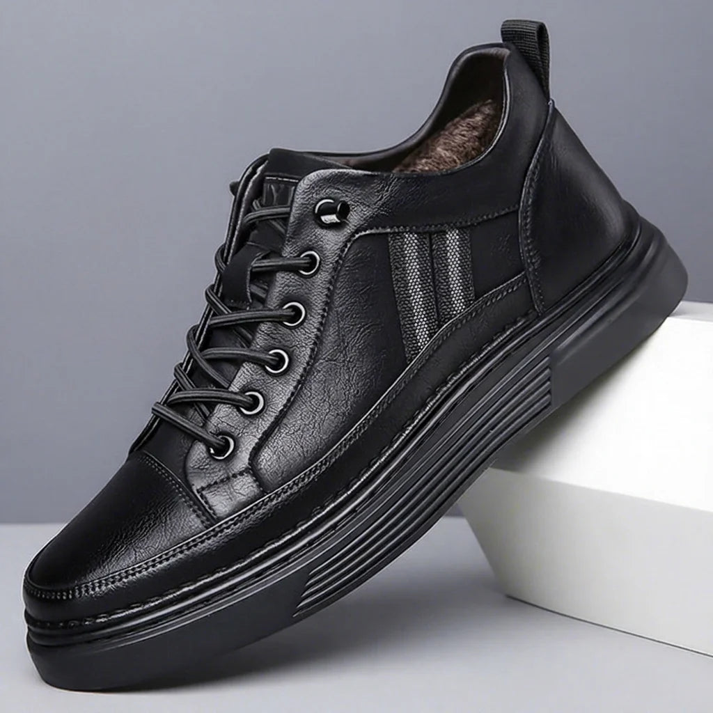Men's Genuine Leather Lace-Up Toe Sporty Sport Shoes Black Autumn Plush Lined Soft Rubber Sole EVA Midsole Casual Logo Tongue