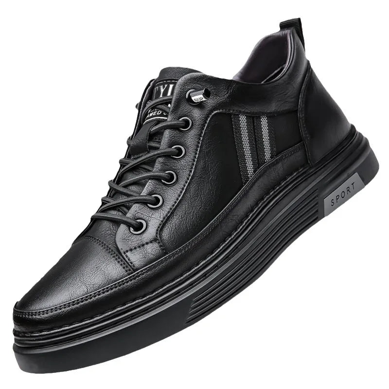 Men's Genuine Leather Lace-Up Toe Sporty Sport Shoes Black Autumn Plush Lined Soft Rubber Sole EVA Midsole Casual Logo Tongue