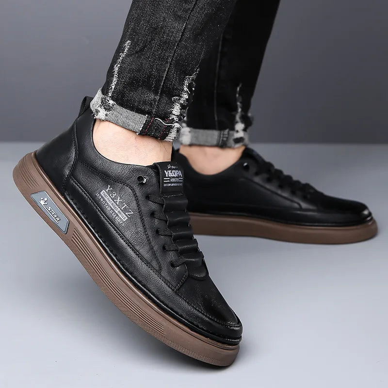 Men's Genuine Cow Leather Slip-On Casual Shoes Round Toe Breathable Mesh Lining Rubber Outsole Solid Walking Style