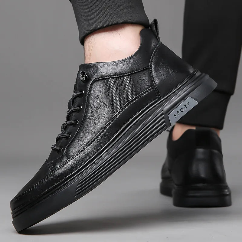 Men's Genuine Leather Lace-Up Toe Sporty Sport Shoes Black Autumn Plush Lined Soft Rubber Sole EVA Midsole Casual Logo Tongue