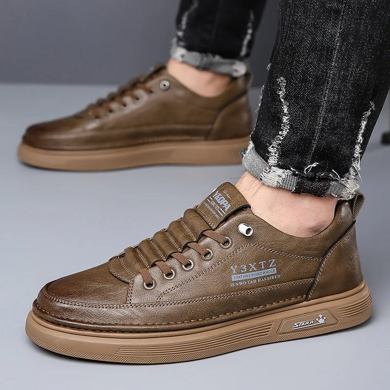 Men's Genuine Cow Leather Slip-On Casual Shoes Round Toe Breathable Mesh Lining Rubber Outsole Solid Walking Style