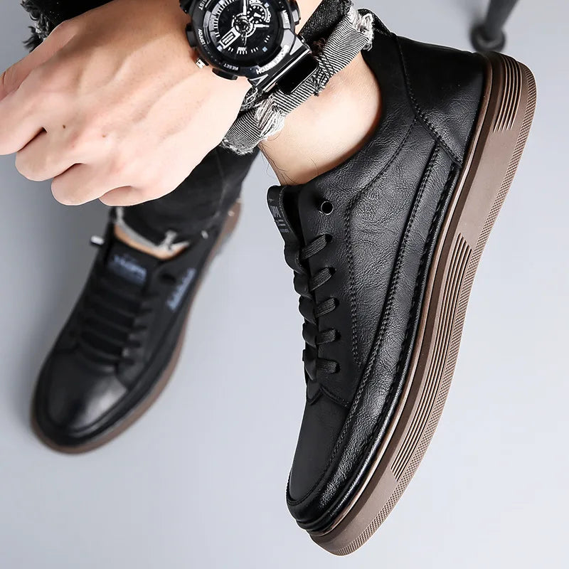 Men's Genuine Cow Leather Slip-On Casual Shoes Round Toe Breathable Mesh Lining Rubber Outsole Solid Walking Style