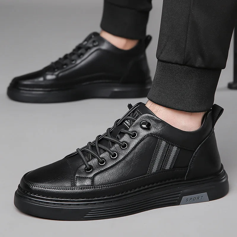 Men's Genuine Leather Lace-Up Toe Sporty Sport Shoes Black Autumn Plush Lined Soft Rubber Sole EVA Midsole Casual Logo Tongue