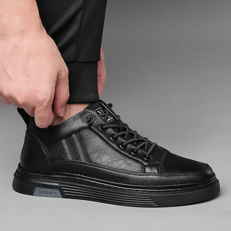 Men's Genuine Leather Lace-Up Toe Sporty Sport Shoes Black Autumn Plush Lined Soft Rubber Sole EVA Midsole Casual Logo Tongue