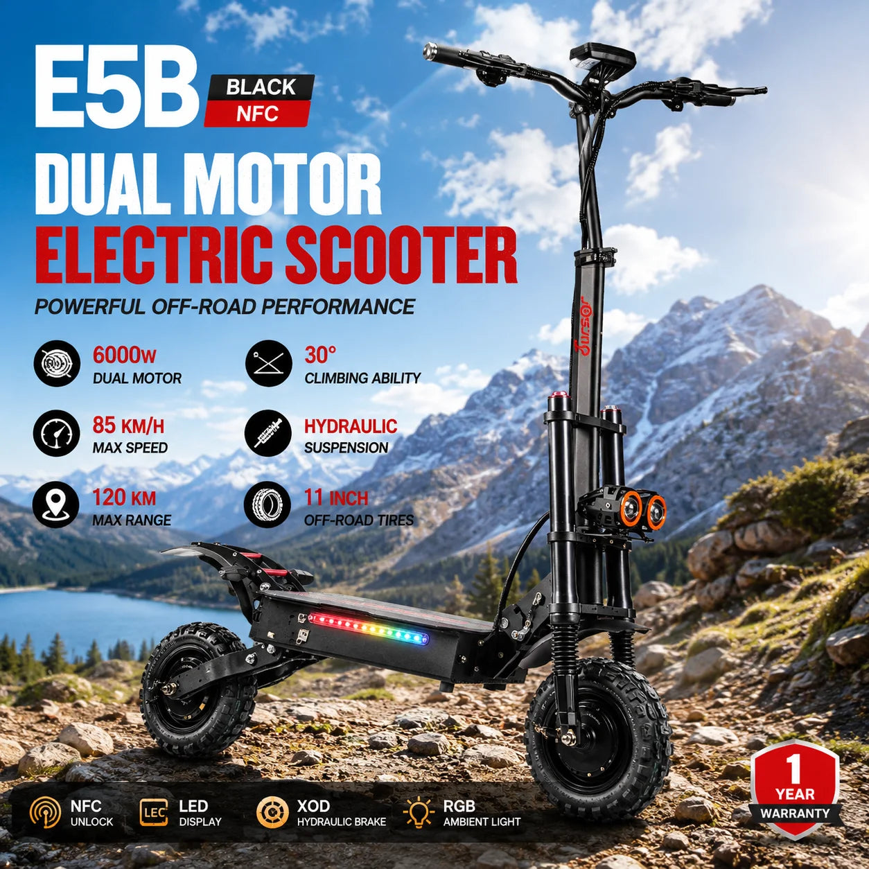 E5B Hochgeschwindigkeits-Elektroroller 3000W×2 Doppelmotor 60V 35Ah Lithium-Batterie 150KG Traglast Farb-LCD Dual-Antriebsmodus