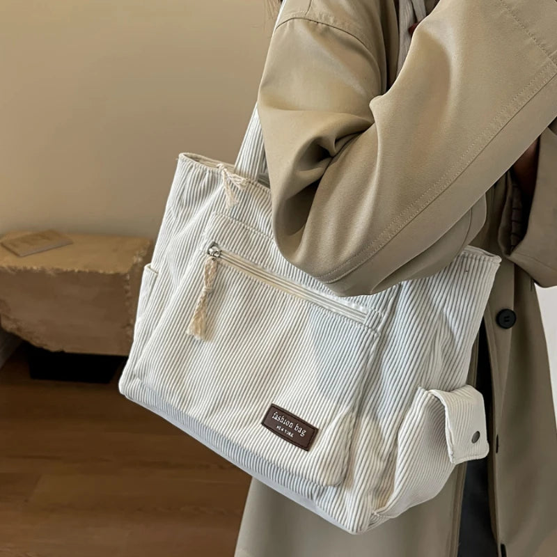 Einfache Cord-Einkaufstasche, einfarbige Umhängetasche, Retro-Handtasche mit mehreren Taschen für Schule, Arbeit, Einkaufen