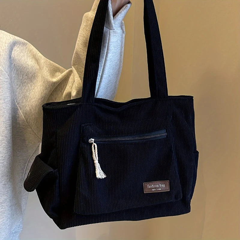 Einfache Cord-Einkaufstasche, einfarbige Umhängetasche, Retro-Handtasche mit mehreren Taschen für Schule, Arbeit, Einkaufen