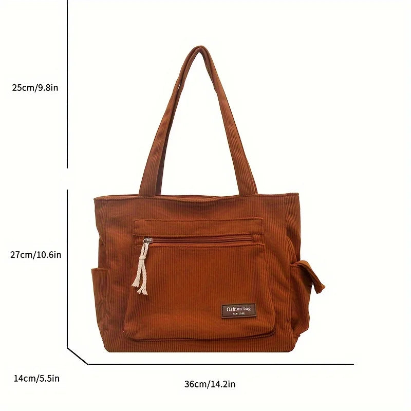 Einfache Cord-Einkaufstasche, einfarbige Umhängetasche, Retro-Handtasche mit mehreren Taschen für Schule, Arbeit, Einkaufen