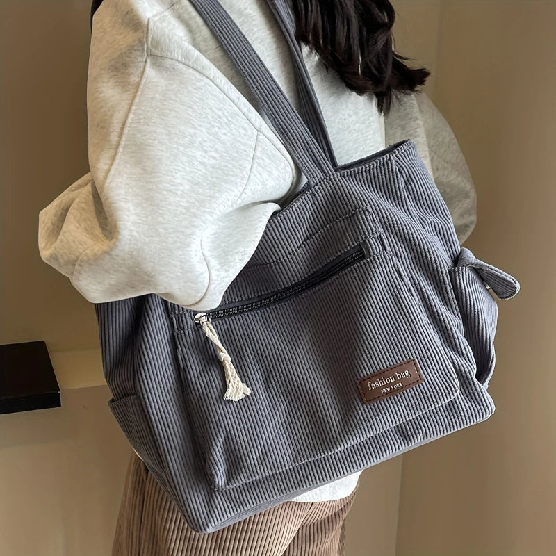Einfache Cord-Einkaufstasche, einfarbige Umhängetasche, Retro-Handtasche mit mehreren Taschen für Schule, Arbeit, Einkaufen