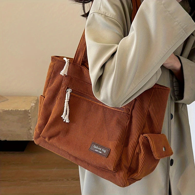 Einfache Cord-Einkaufstasche, einfarbige Umhängetasche, Retro-Handtasche mit mehreren Taschen für Schule, Arbeit, Einkaufen