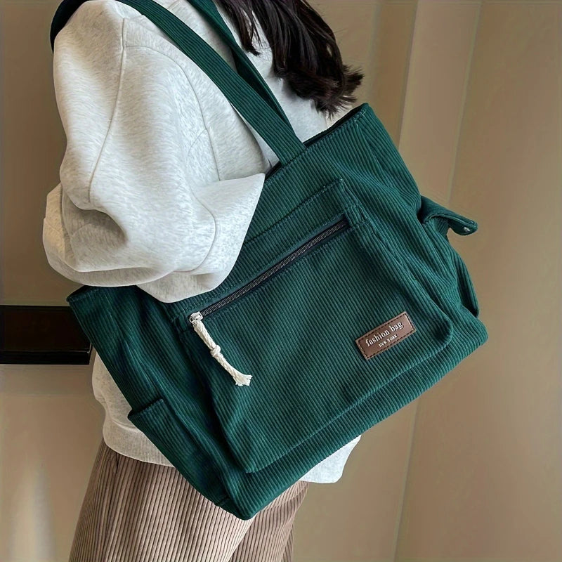 Einfache Cord-Einkaufstasche, einfarbige Umhängetasche, Retro-Handtasche mit mehreren Taschen für Schule, Arbeit, Einkaufen