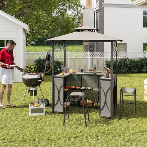 Bartisch Mit 2 Barhocker Gartenbar Set Mit Metallregalen & Glashalter Grillpavillon Mit Doppeldach