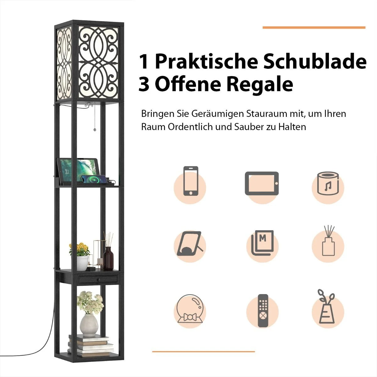 Stehlampe Mit Regalen Und Schublade Für Wohnzimmer Schlafzimmer 26 X 26 X 160,5 Cm Schwarz