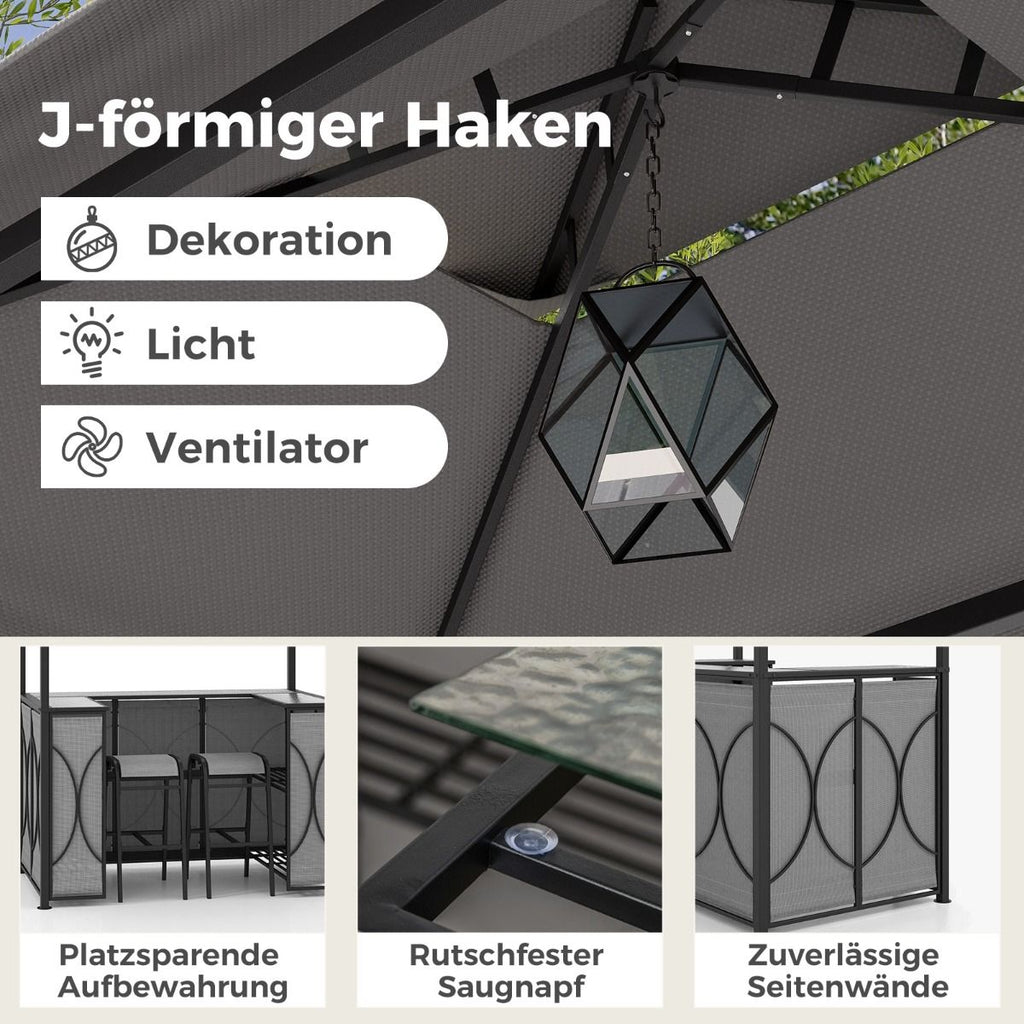 Bartisch Mit 2 Barhocker Gartenbar Set Mit Metallregalen & Glashalter Grillpavillon Mit Doppeldach