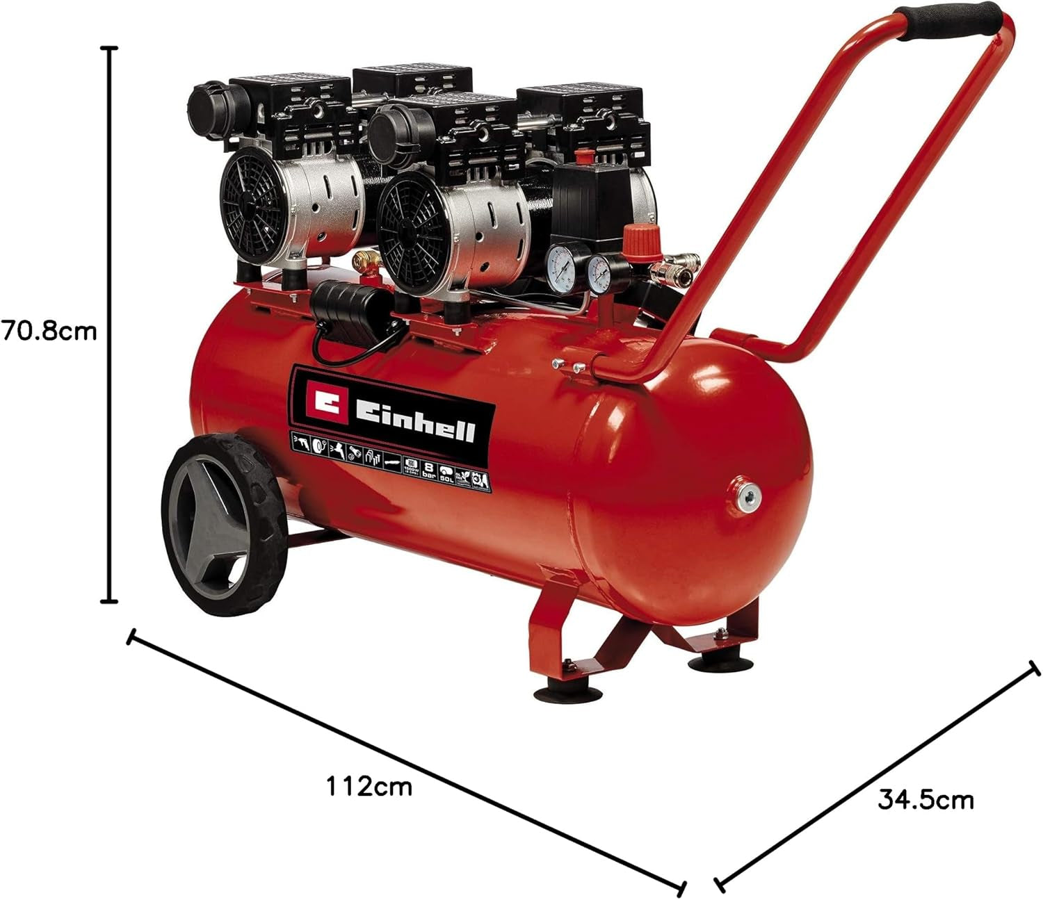 Einhell Kompressor TE-AC 270/50 Silent plus | 1500 W | 8 Bar | 50-L-Tank | 270 L/Min Ansaugleistung | Motordrehzahl 1450 U/Min | Druckminderer | Manometer | Ölfrei