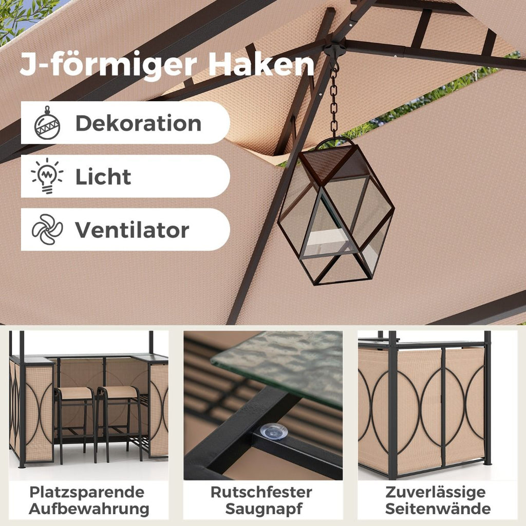 Bartisch Mit 2 Barhocker Gartenbar Set Mit Metallregalen & Glashalter Grillpavillon Mit Doppeldach