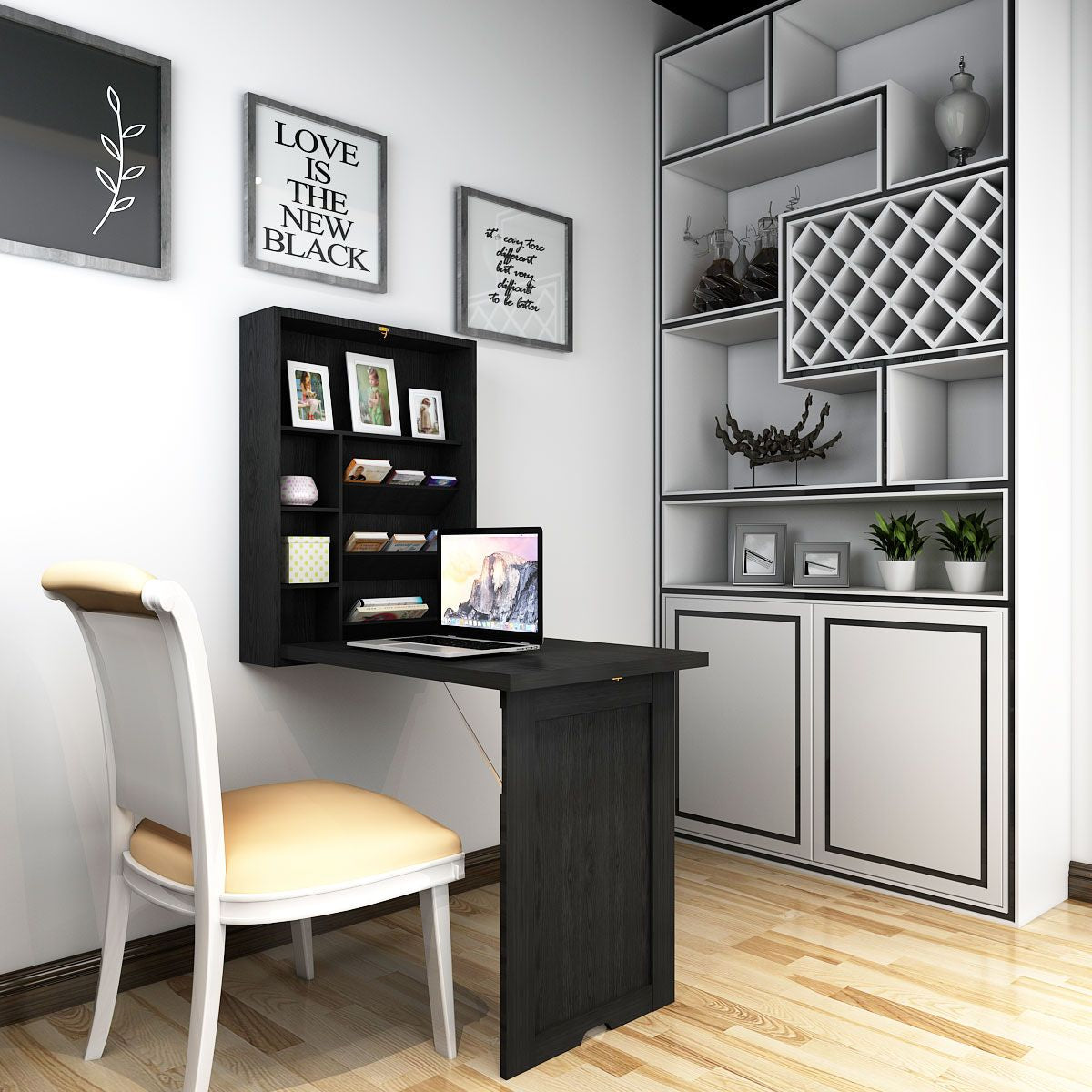 Wandklapptisch Computertisch Klappbarer Wandtisch Aus Holz 56,5 X 94,5 X 151 Cm Weiß/Schwarz