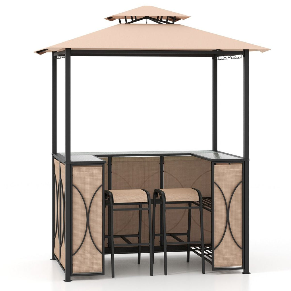 Bartisch Mit 2 Barhocker Gartenbar Set Mit Metallregalen & Glashalter Grillpavillon Mit Doppeldach