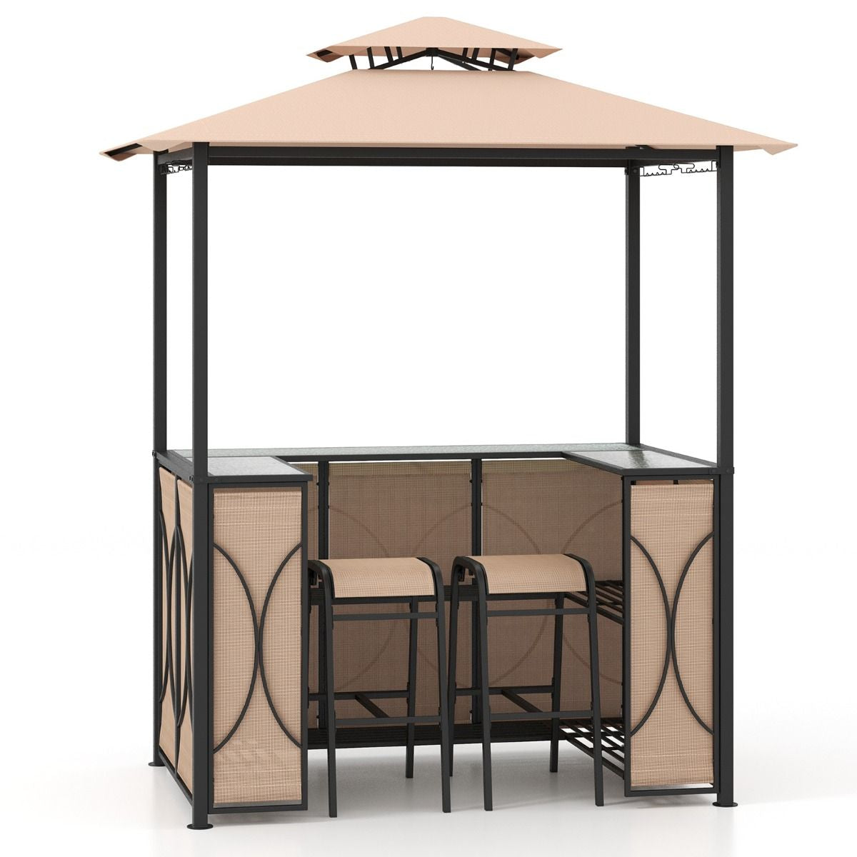 Bartisch Mit 2 Barhocker Gartenbar Set Mit Metallregalen & Glashalter Grillpavillon Mit Doppeldach