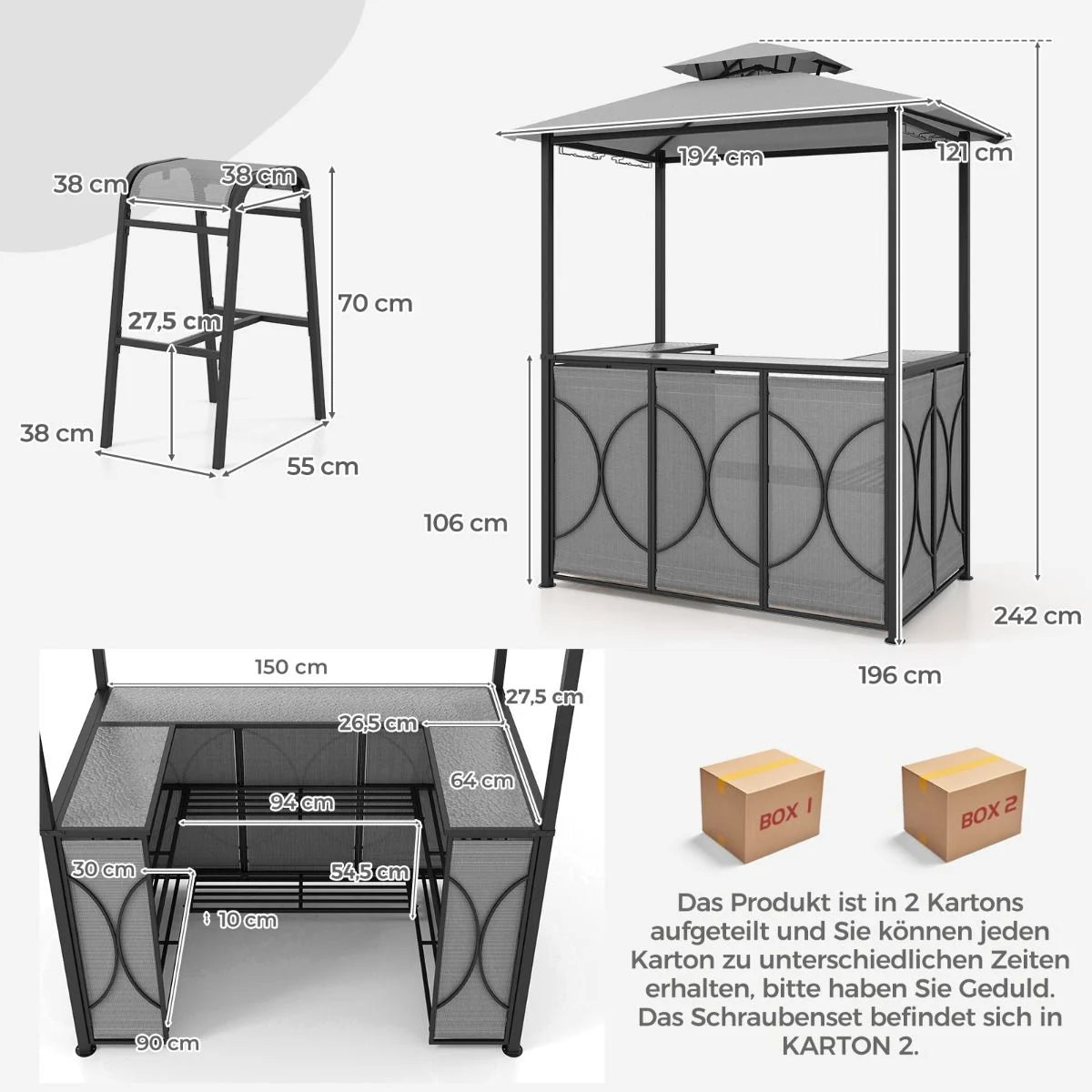 Bartisch Mit 2 Barhocker Gartenbar Set Mit Metallregalen & Glashalter Grillpavillon Mit Doppeldach