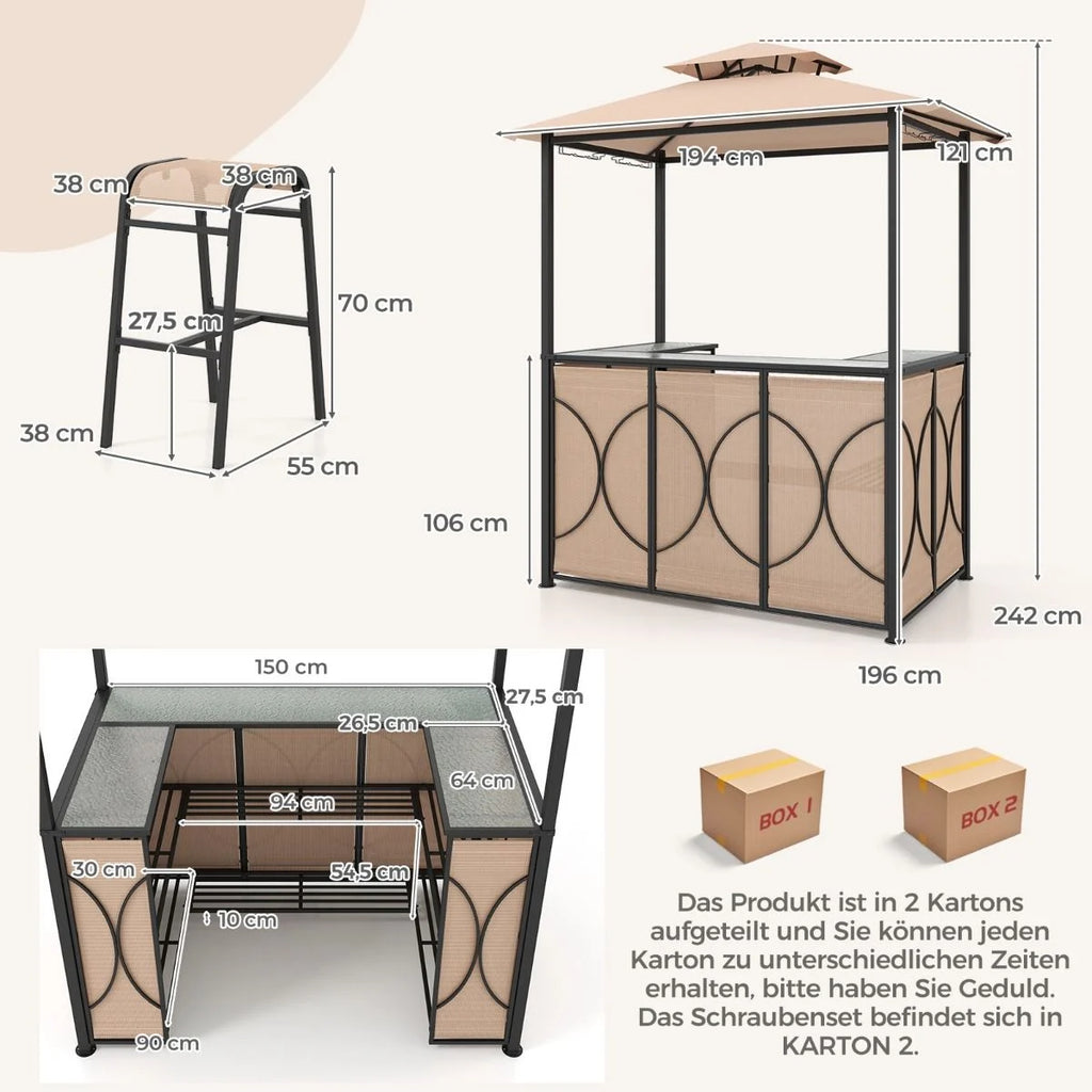 Bartisch Mit 2 Barhocker Gartenbar Set Mit Metallregalen & Glashalter Grillpavillon Mit Doppeldach