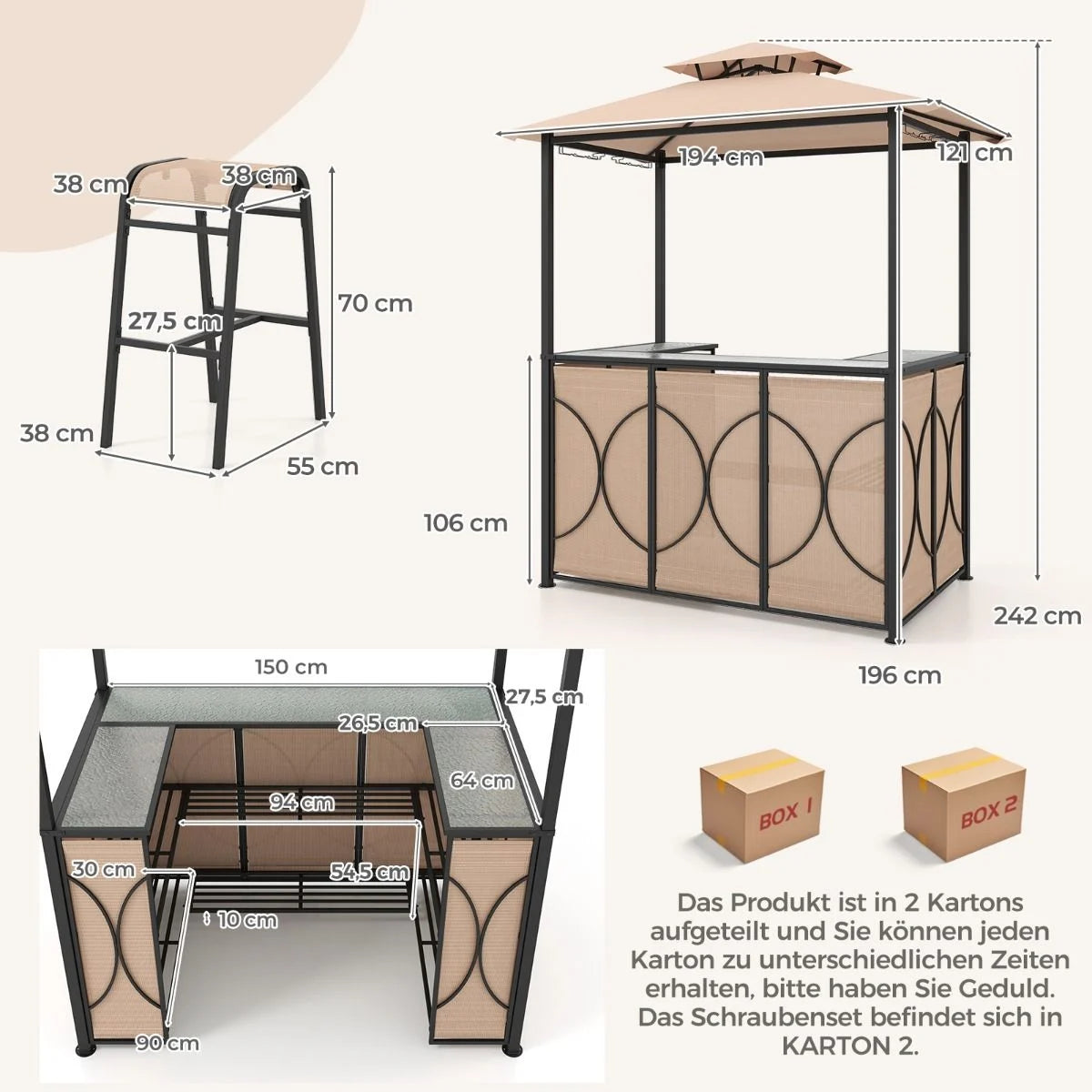 Bartisch Mit 2 Barhocker Gartenbar Set Mit Metallregalen & Glashalter Grillpavillon Mit Doppeldach