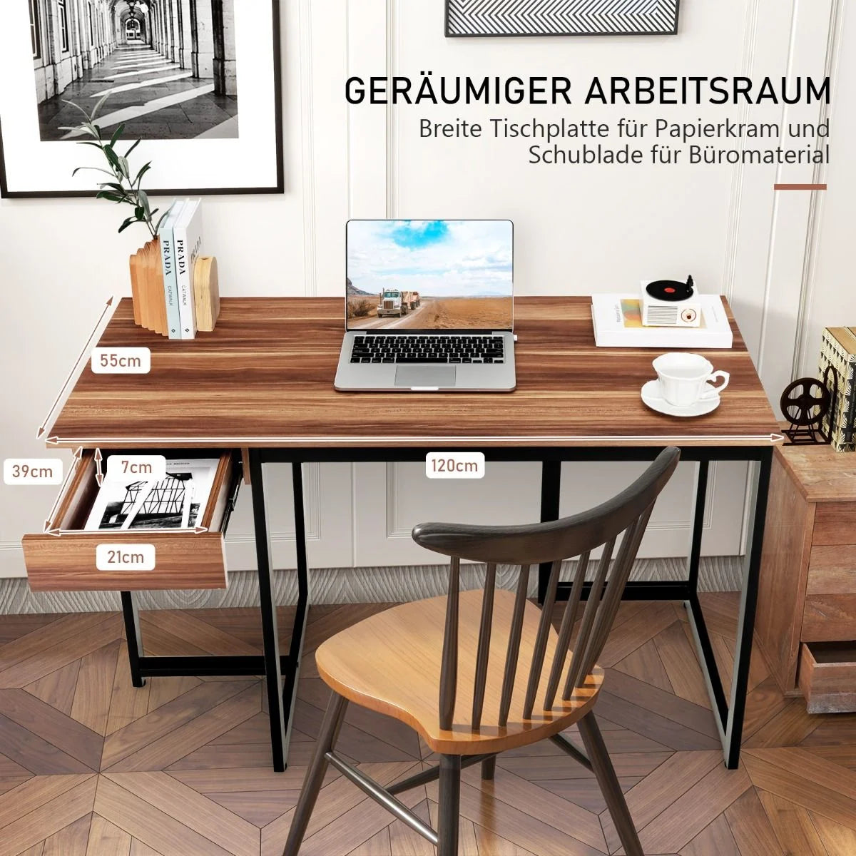 120 X 55 Cm Computertisch Mit Schublade & Verstellbaren Pads Computertisch Walnuss
