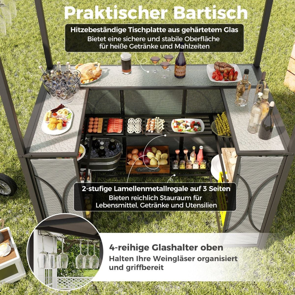 Bartisch Mit 2 Barhocker Gartenbar Set Mit Metallregalen & Glashalter Grillpavillon Mit Doppeldach