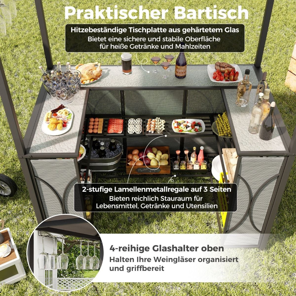 Bartisch Mit 2 Barhocker Gartenbar Set Mit Metallregalen & Glashalter Grillpavillon Mit Doppeldach